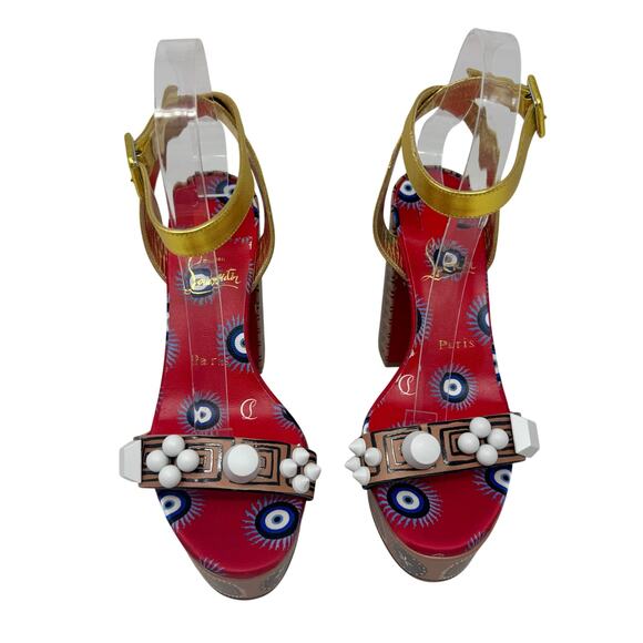 Christian Louboutin Movida Athina Platform Heels Tribal Print Gold Straps 37.5 - Picture 2 of 11